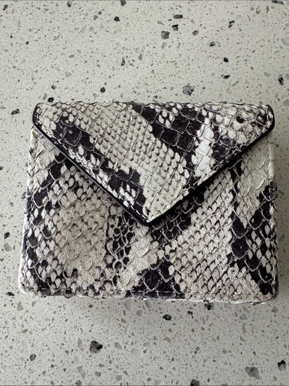 Aimee Kestenberg Snake-Print Envelope Tri-Fold Leather Wallet Black Vanilla NWOT